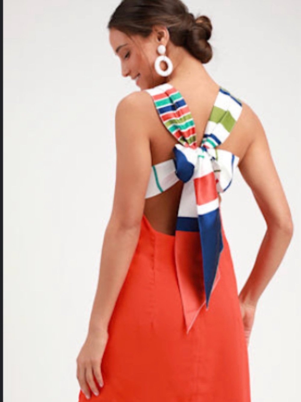 Lulu's Coral Dress with Multicolor Striped Bow-Back